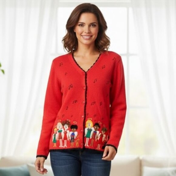 Investments Red Cardigan Musical Children Of The World Sweater Womens Size M - Picture 1 of 6